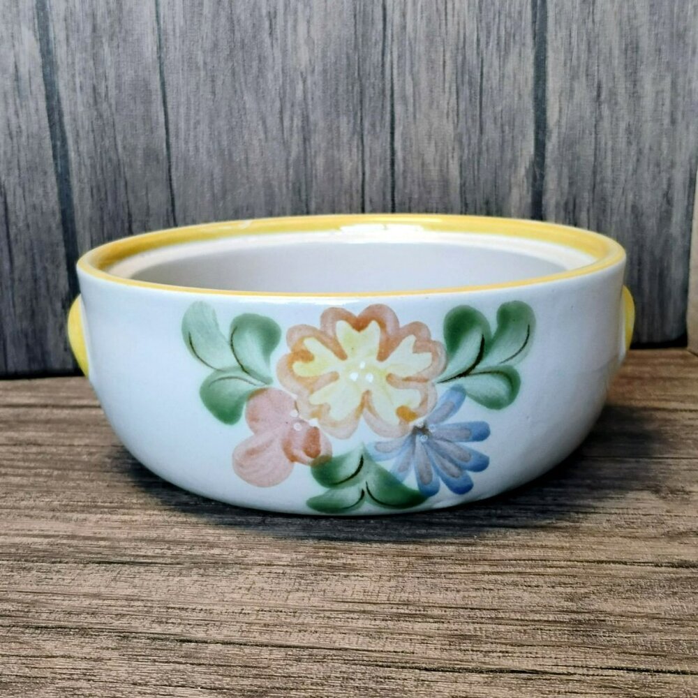 Louisville Stoneware Country Flowers Yellow Casserole Bowl 1970s Made in USA 1qt